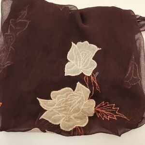 Brown Fringed Shawl with Floral Embroidery
